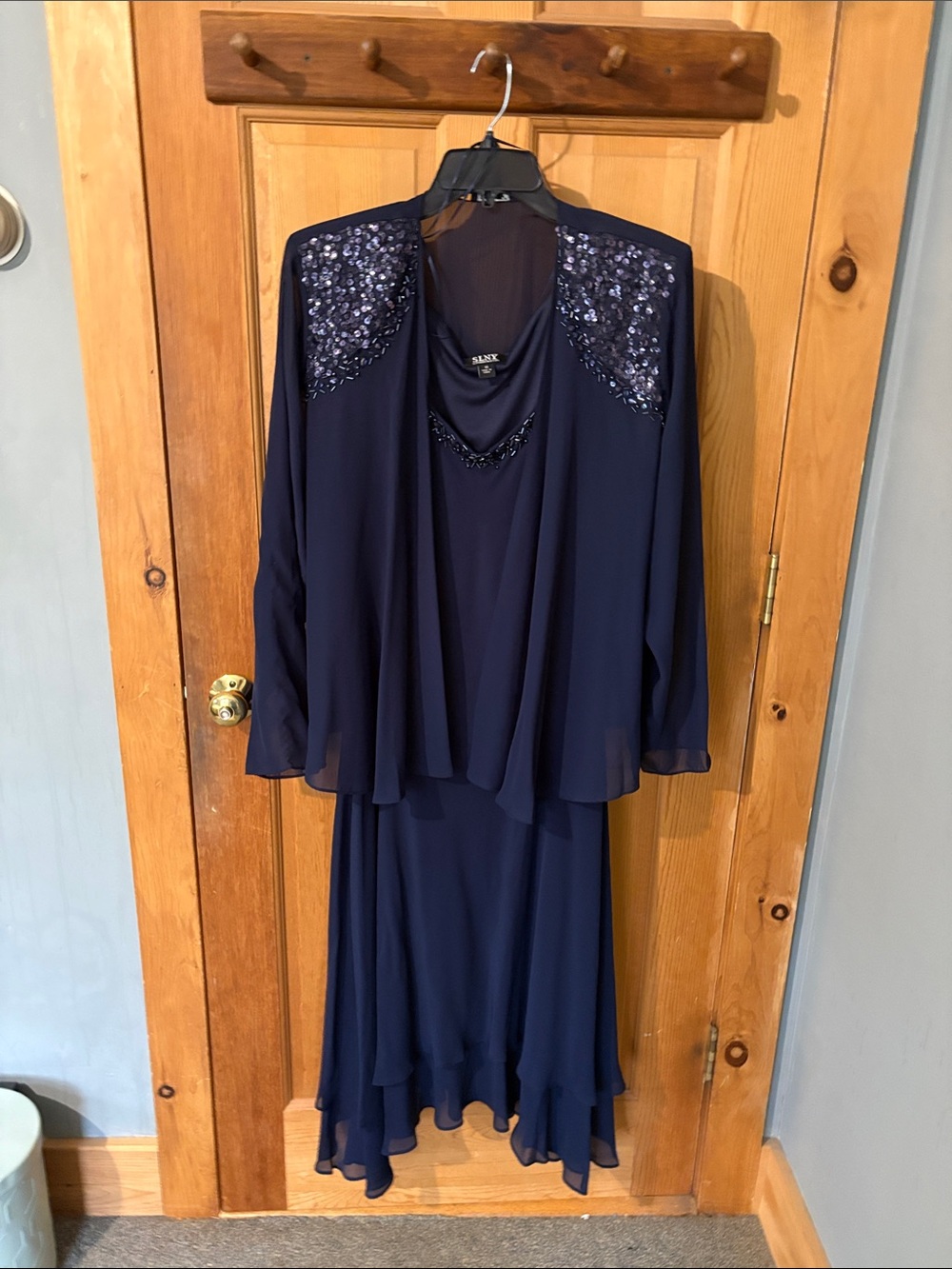 SLNY Navy Long Sleeve Chiffon Layered Evening Dress with Sequin Accents